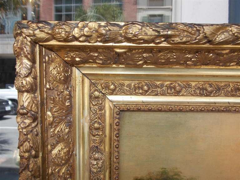 Hand-Carved American Oil on Canvas Landscape in the Original Floral Gilt Frame. Circa 1850 For Sale