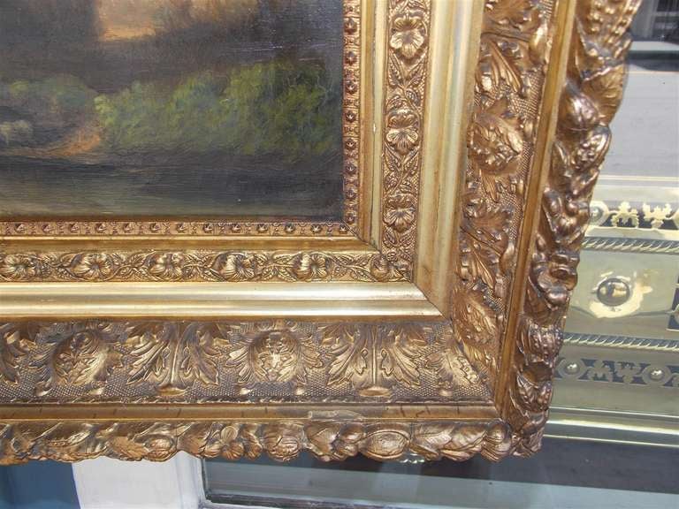 Intagliato a mano Paesaggio americano olio su tela con cornice originale dorata e floreale. Circa 1850 in vendita