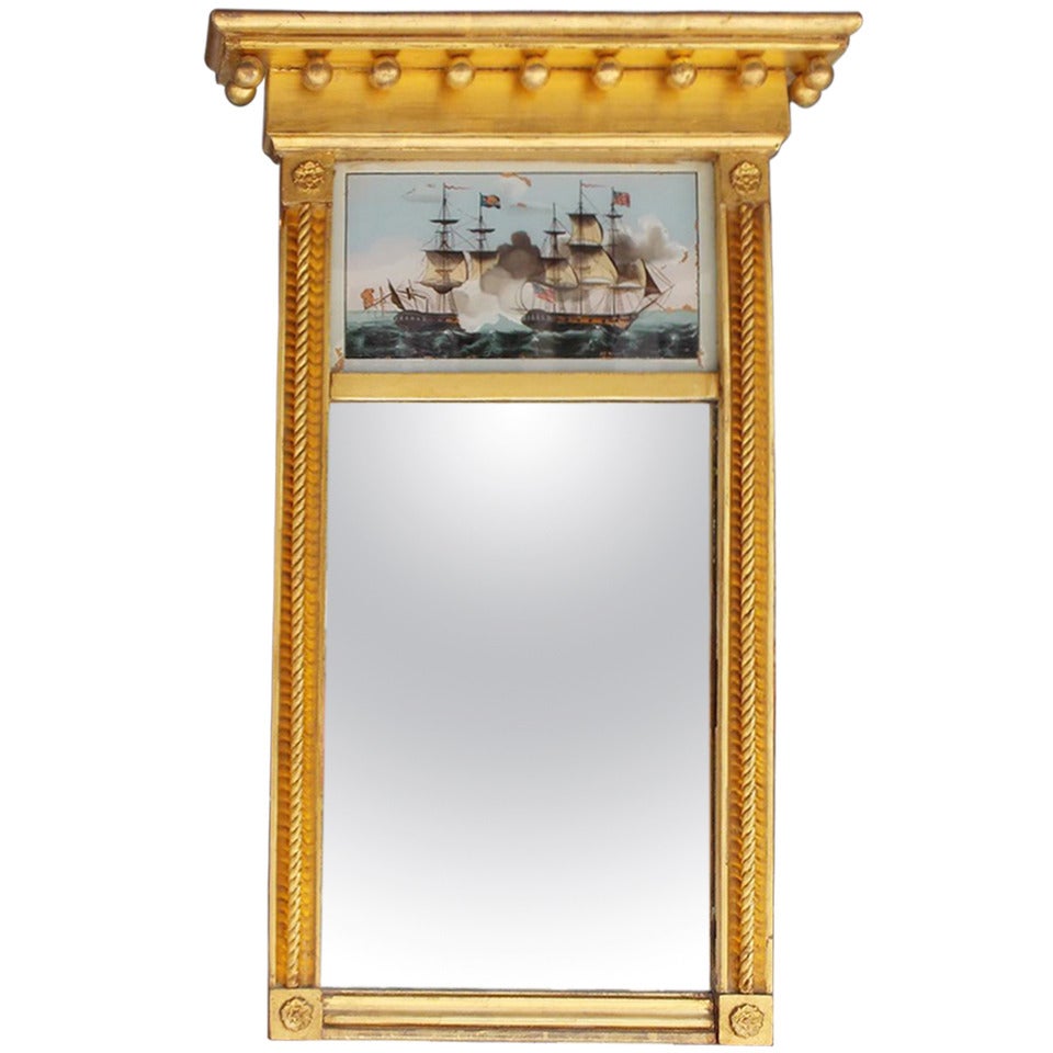 Miroir classique américain églomisé doré avec sculptures de cordes et de médaillons, vers 1815
