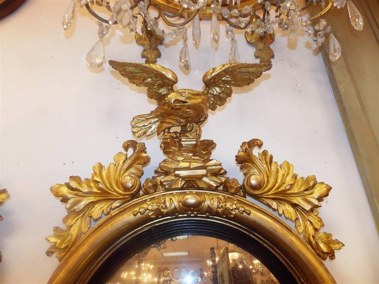 Silvered Pair of American Eagle Gilt Carved Wood Girandole Mirrors, Circa 1800 For Sale