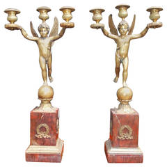 Pair of French Cherub Bronze and Marble Candelabras, Circa 1810