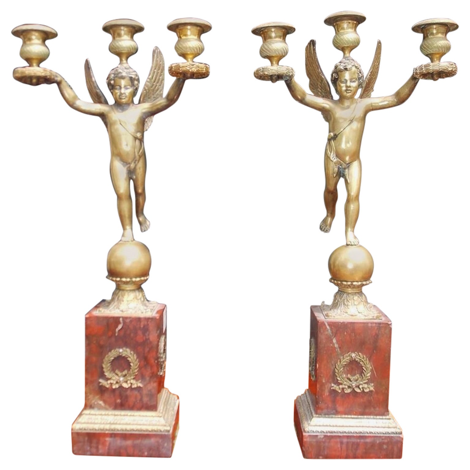 Pair of French Cherub Bronze and Marble Candelabras, Circa 1810