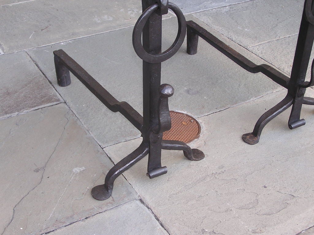 Pair of American Wrought Iron Ball Top Andirons with Penny Feet. Circa 1780 In Excellent Condition For Sale In Hollywood, SC