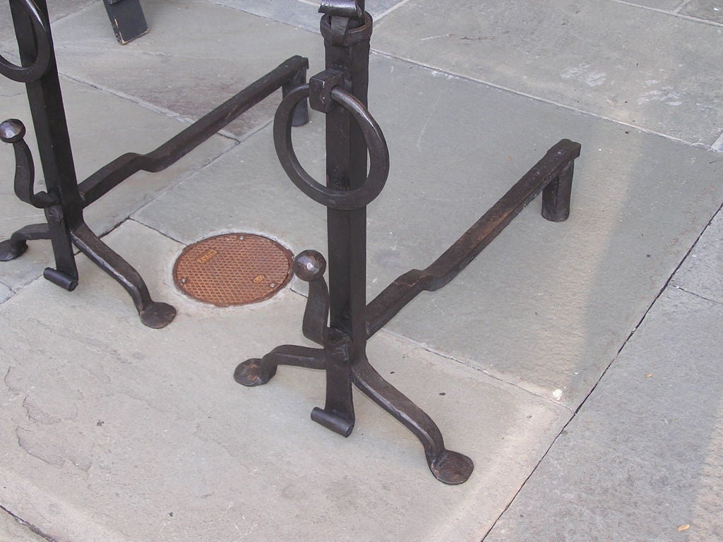 Late 18th Century Pair of American Wrought Iron Ball Top Andirons with Penny Feet. Circa 1780 For Sale
