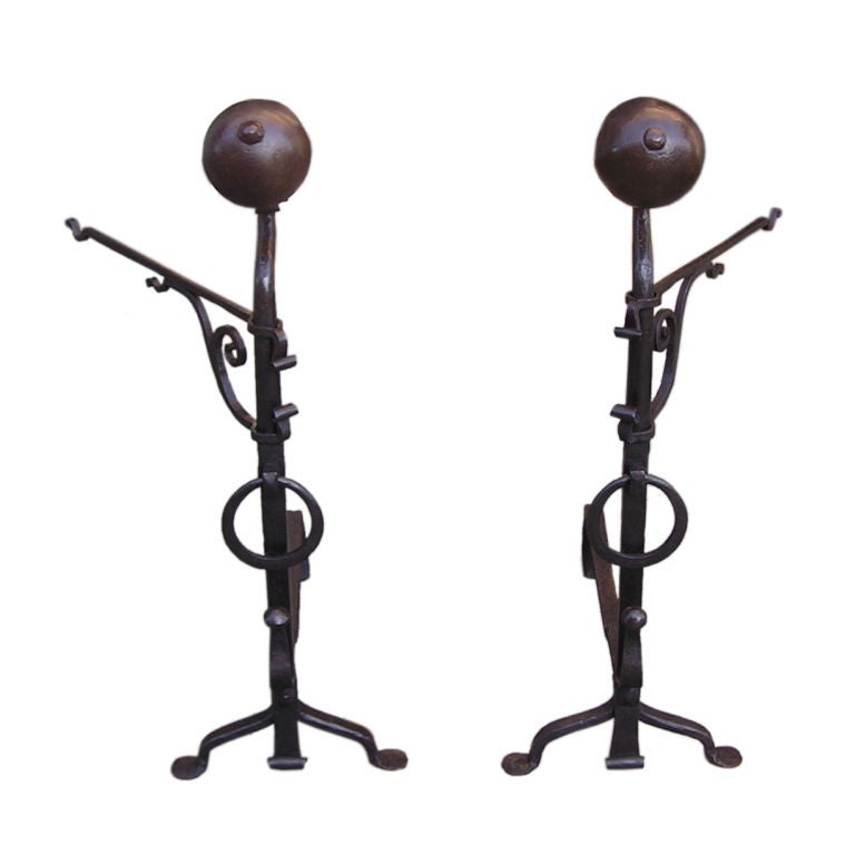 Pair of American Wrought Iron Ball Top Andirons with Penny Feet. Circa 1780