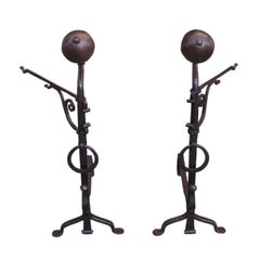 Pair of American Wrought Iron Ball Top Andirons with Penny Feet. Circa 1780