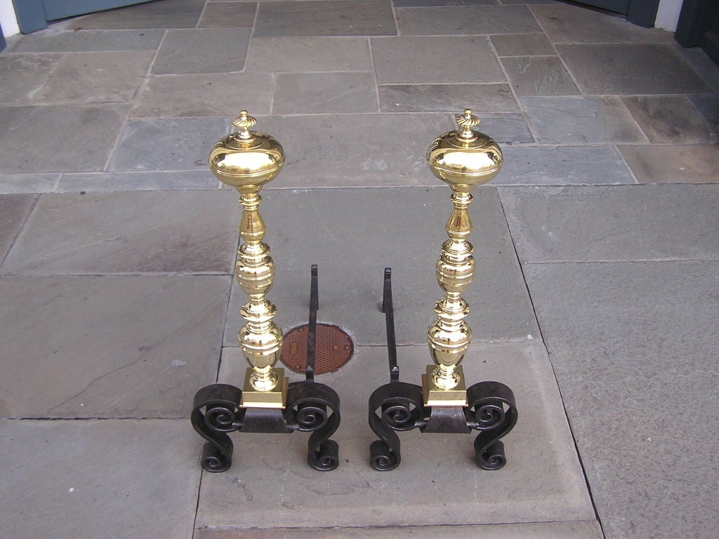 Pair of English Brass Ball Top Andirons In Excellent Condition In Hollywood, SC