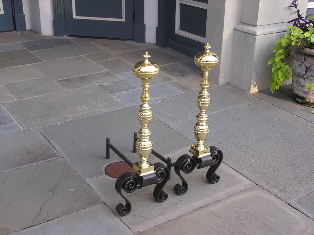 18th Century and Earlier Pair of English Brass Ball Top Andirons