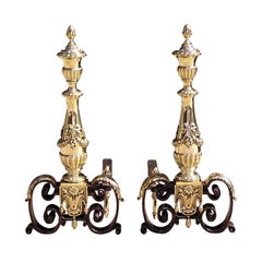 Pair of Italian Brass and Wrought Iron Urn Finial with Ribbon Andirons, C. 1800