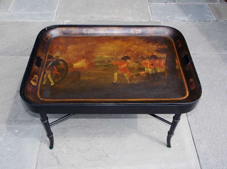 English Tole Tray on Stand Depicting American Revolution. Circa 1810