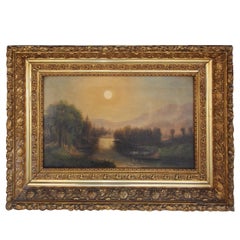 Paesaggio americano olio su tela con cornice originale dorata e floreale. Circa 1850