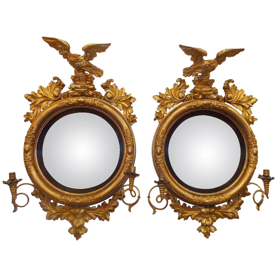 Pair of American Eagle Gilt Carved Wood Girandole Mirrors, Circa 1800 For Sale