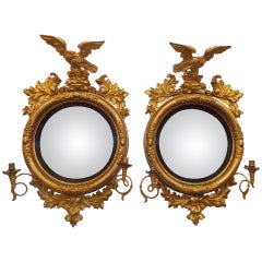 Antique Pair of American Eagle Gilt Carved Wood Girandole Mirrors, Circa 1800