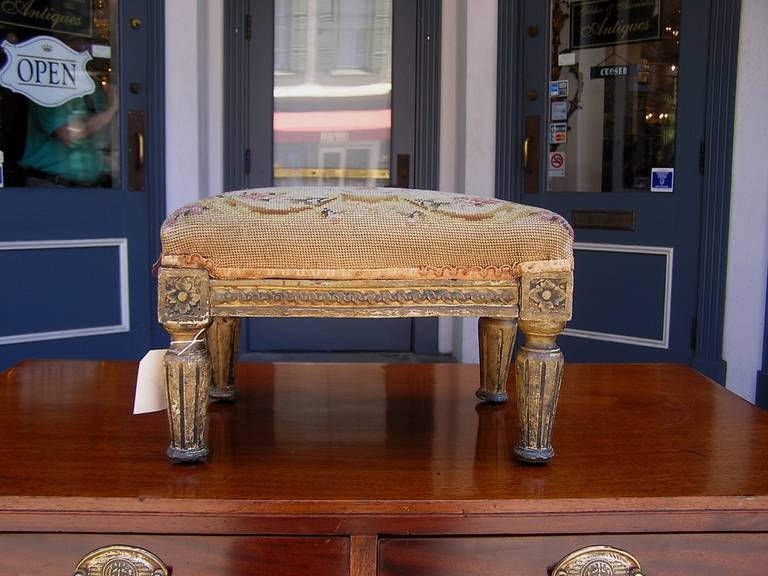 Neoclassical Italian Giltwood Needlepoint Decorative Floral Foot Stool, Circa 1800