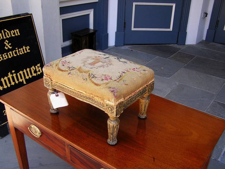 Italian Giltwood Needlepoint Decorative Floral Foot Stool, Circa 1800 In Excellent Condition In Hollywood, SC