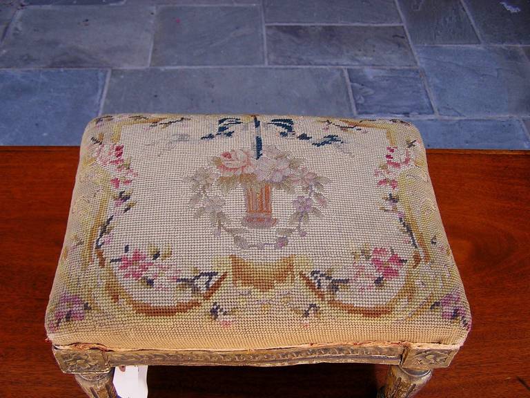 19th Century Italian Giltwood Needlepoint Decorative Floral Foot Stool, Circa 1800