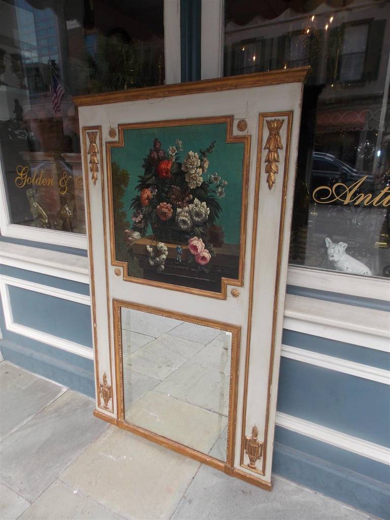 French Painted and Gilt Floral Trumeau Mirror. Circa 1790 In Excellent Condition For Sale In Hollywood, SC