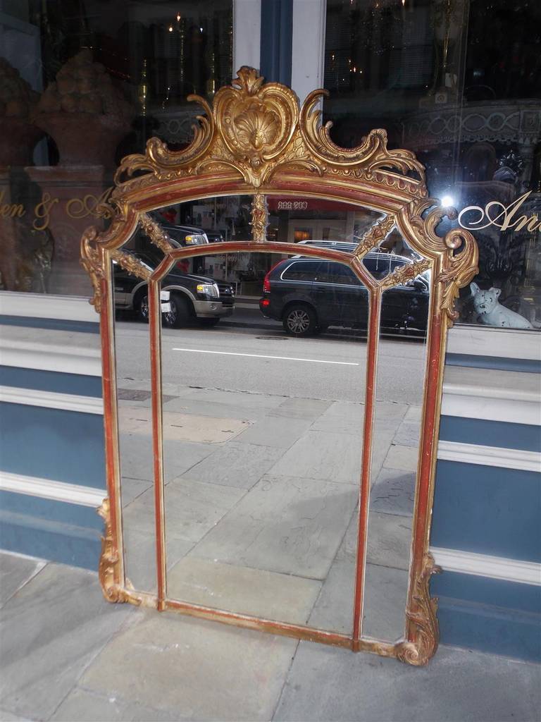 French Gilt Carved Wood and Red Lacquer Floral Wall Mirror, Circa 1780