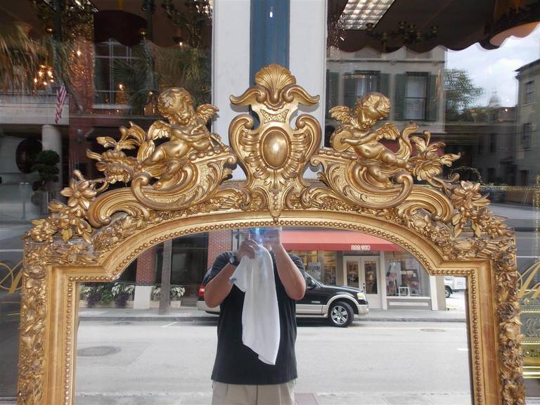 18th Century and Earlier French Gilt Carved Wood Floral and Cherub Wall Mirror.  Circa 1790 For Sale