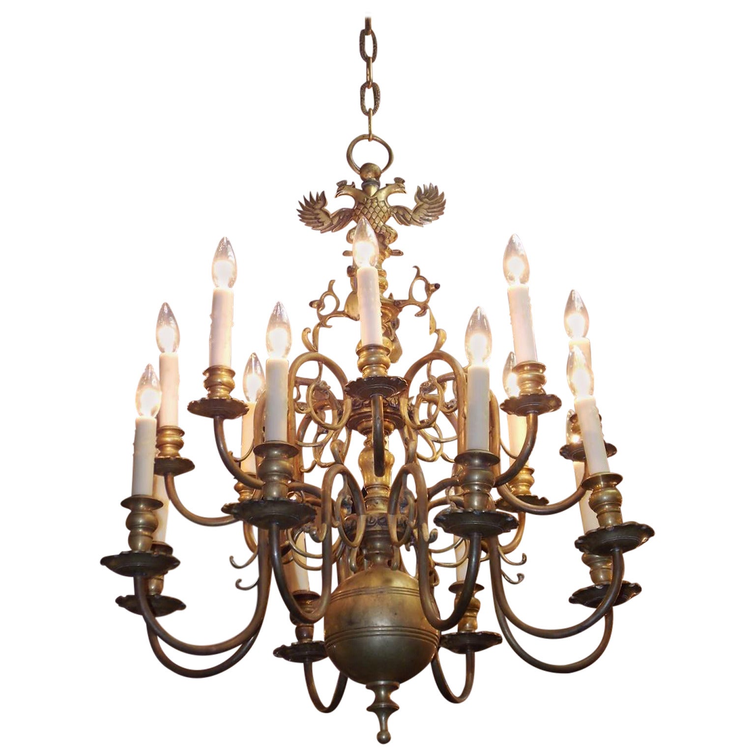 Prussian Brass Two-Tiered Double Eagle Medallion Chandelier, Circa 1880 For Sale