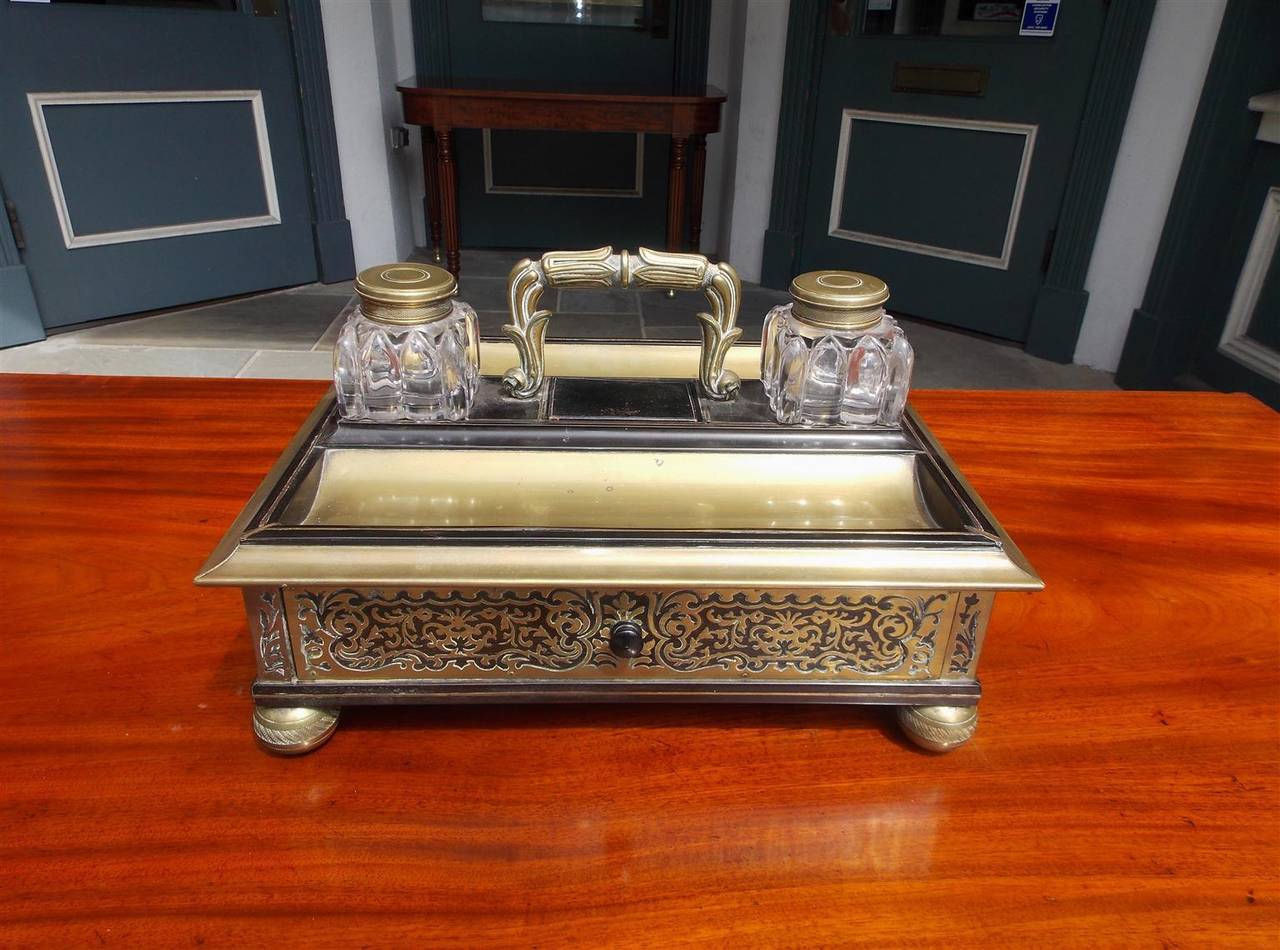 William IV English Inlaid Boulle Inkwell on Chase Feet, Circa 1840 For Sale