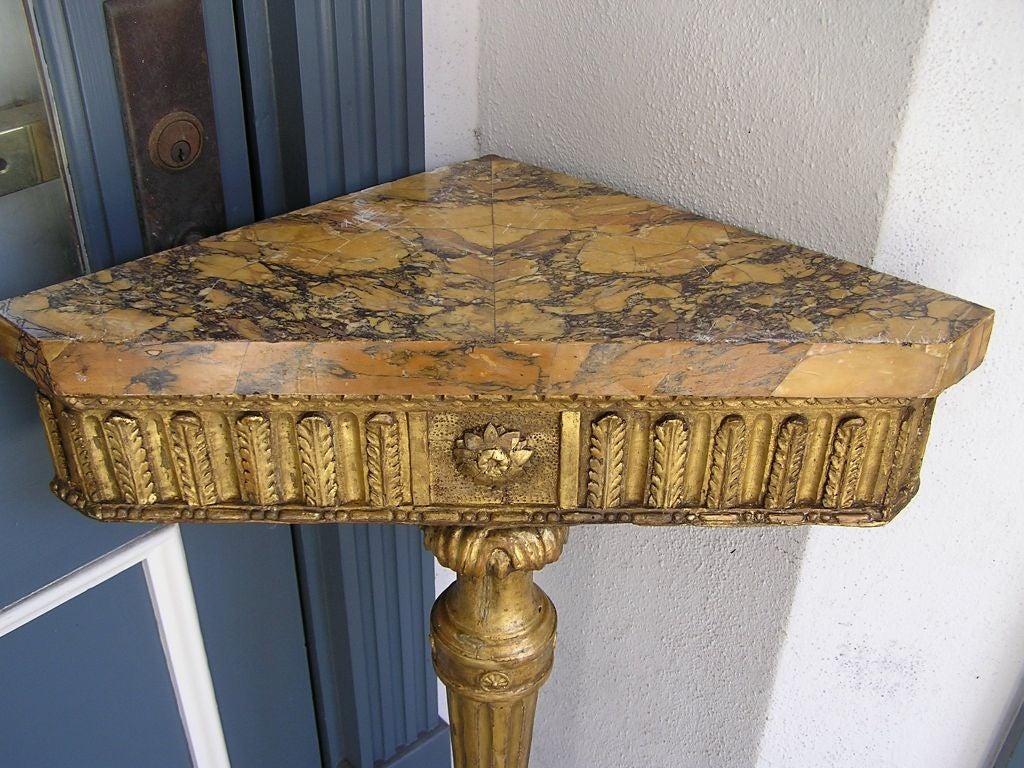 18th Century and Earlier Pair of English Gilt and Marble Corner Consoles For Sale