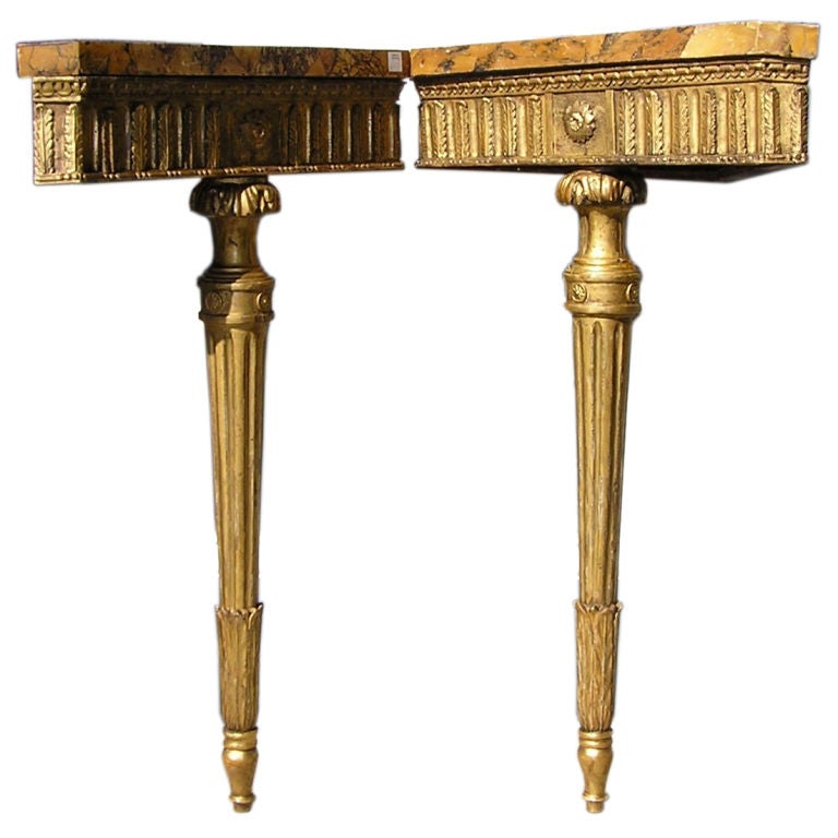 Pair of English Gilt and Marble Corner Consoles For Sale