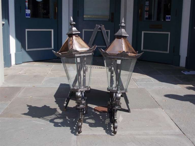 Pair of French Copper and Wrought Iron Wall Lanterns. Circa 1830 In Excellent Condition In Hollywood, SC