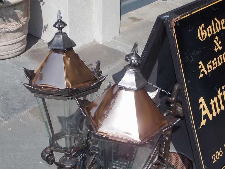 19th Century Pair of French Copper and Wrought Iron Wall Lanterns. Circa 1830