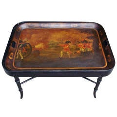 English Tole Tray on Stand Depicting American Revolution. Circa 1810