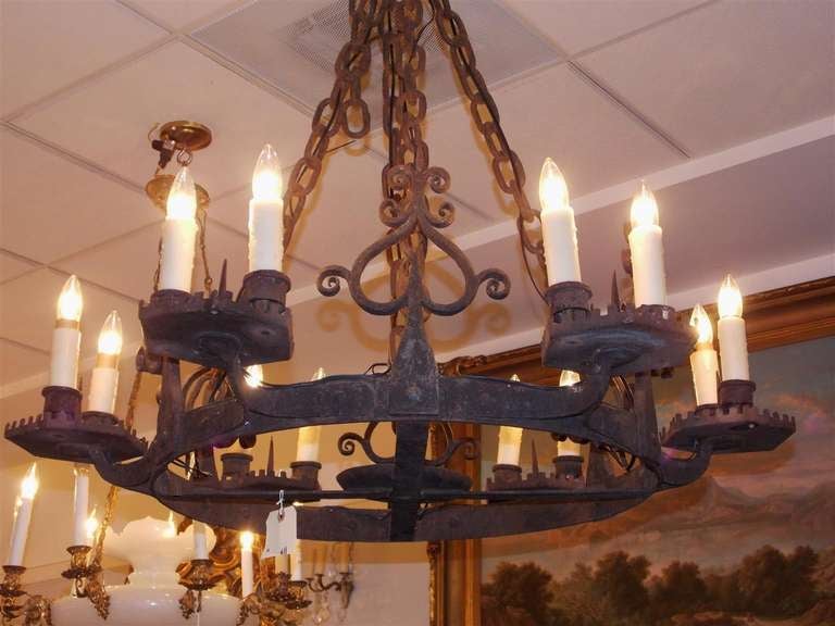 Hammered French Wrought Iron Chandelier. Circa 1830