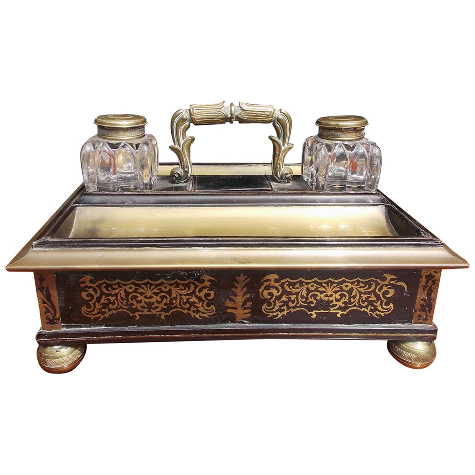 English Inlaid Boulle Inkwell on Chase Feet, Circa 1840 For Sale