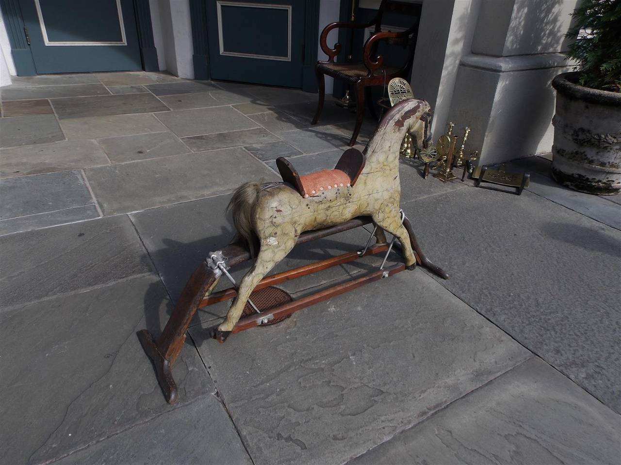 American Carved Wood & Faux Painted Rocking Horse.  Circa 1890 In Excellent Condition In Hollywood, SC