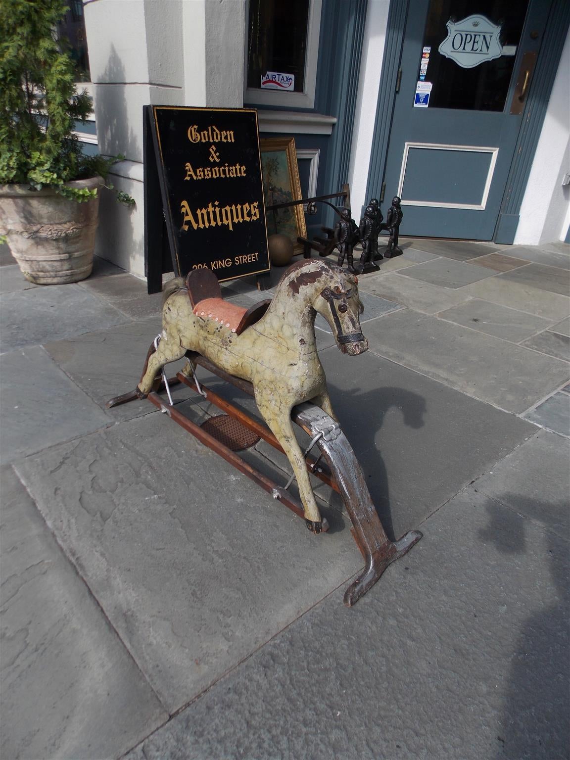 Folk Art American Carved Wood & Faux Painted Rocking Horse.  Circa 1890