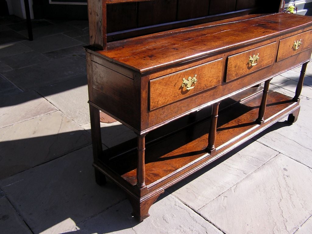 Brass English Chippendale Three Drawer Oak Welsh Dresser with Orig Bracket Feet C 1780 For Sale
