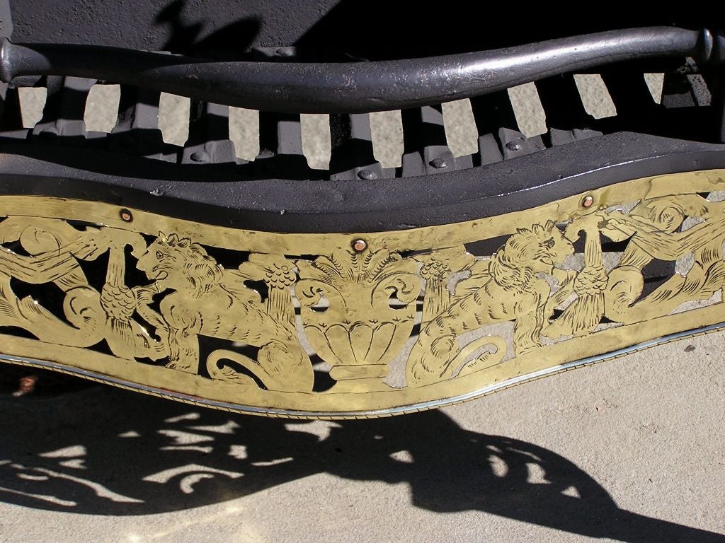 English Brass & Cast Iron Serpentine Foliage Engraved Gallery Coal Grate, C 1790 For Sale 2