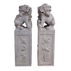 Antique Pair of Granite Foo Dog Markers