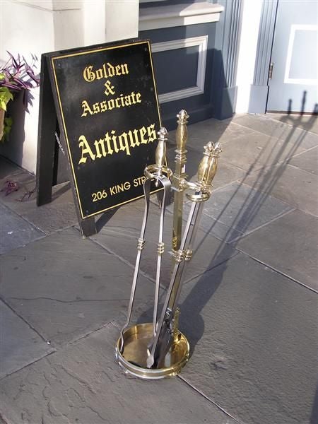 Louis Philippe French Brass and Polished Steel Floral Finial Fire Tools on Stand. Circa 1840 For Sale