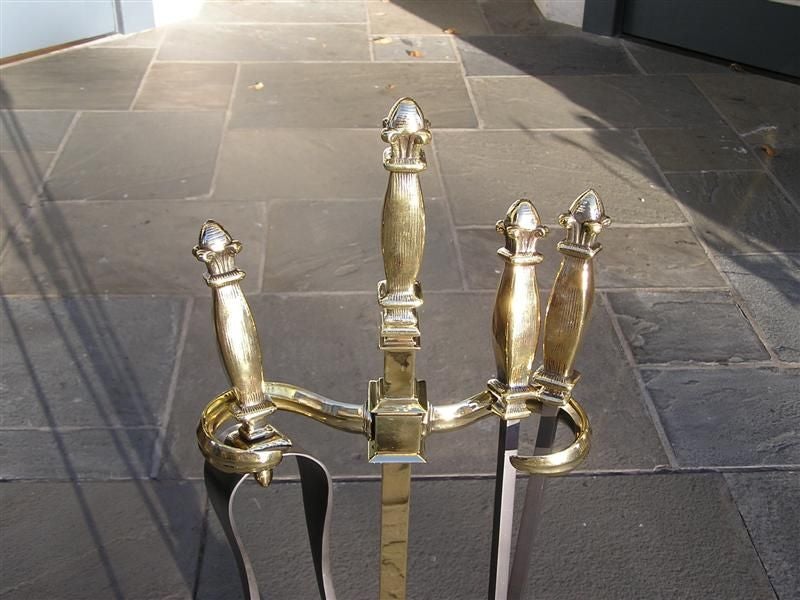 Cast French Brass and Polished Steel Floral Finial Fire Tools on Stand. Circa 1840 For Sale