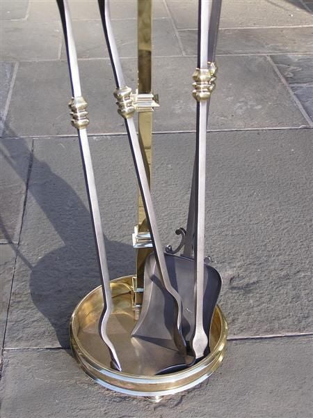 Mid-19th Century French Brass and Polished Steel Floral Finial Fire Tools on Stand. Circa 1840 For Sale