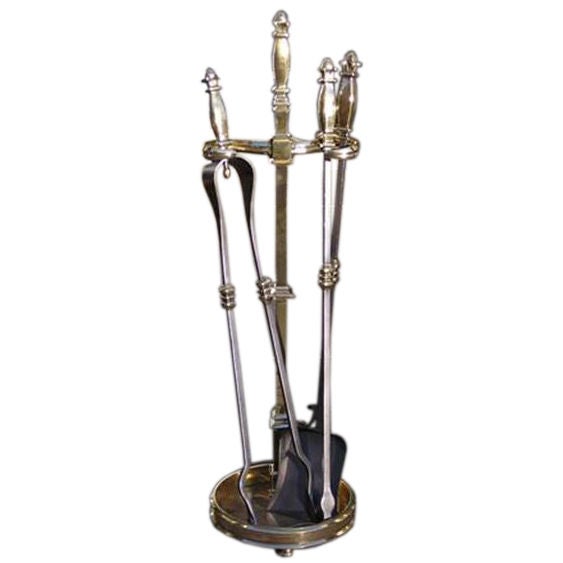 French Brass and Polished Steel Floral Finial Fire Tools on Stand. Circa 1840 For Sale