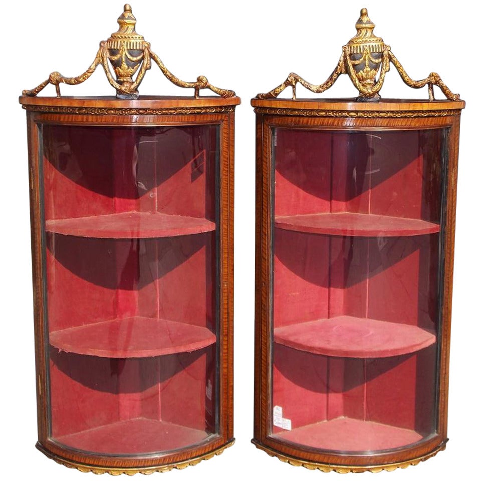 Pair of English Adam Mahogany & Gilt Hanging Corner Cabinets, Circa 1780 For Sale