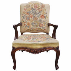 French Chippendale Mahogany Floral Carved Needlepoint Armchair, Circa 1780