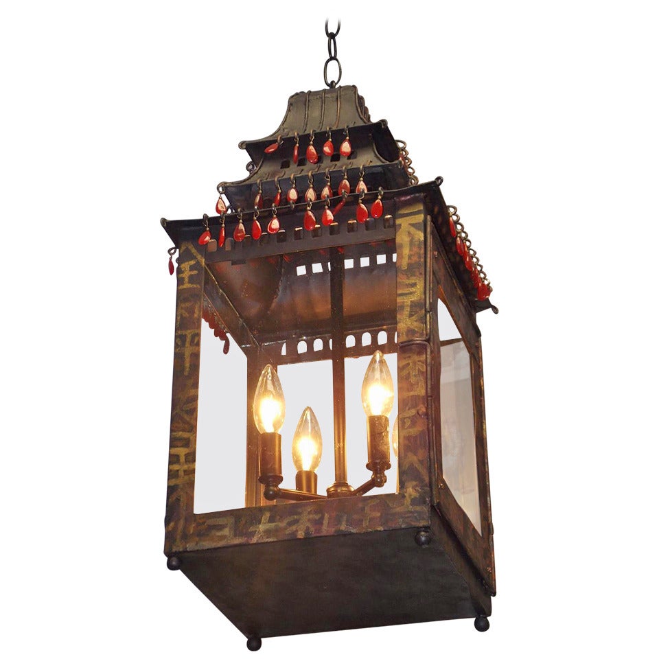 French Hand Painted Tole Pagoda Hanging Lantern, Circa 1850