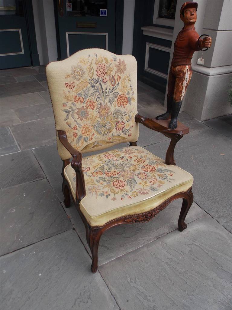 French Chippendale Mahogany Floral Carved Needlepoint Armchair, Circa 1780