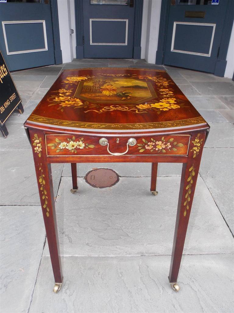English Regency Figural and Floral Hand Painted Pembroke Table, Circa 1780