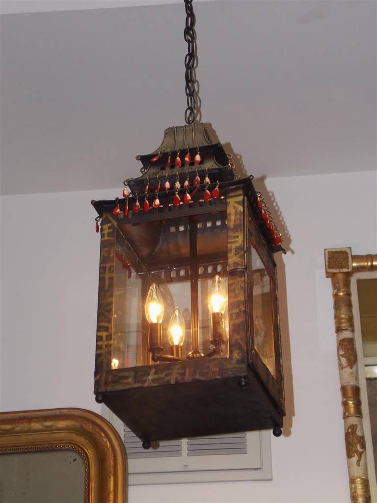 Louis Philippe French Hand Painted Tole Pagoda Hanging Lantern, Circa 1850 For Sale