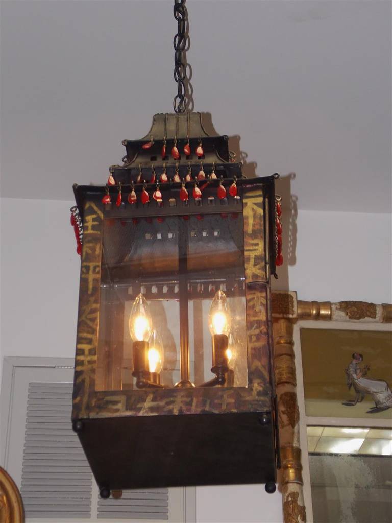 Hammered French Hand Painted Tole Pagoda Hanging Lantern, Circa 1850 For Sale