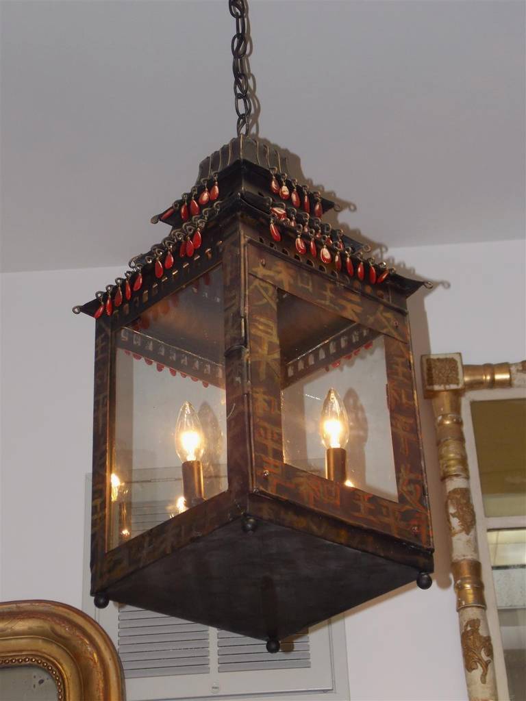 French Hand Painted Tole Pagoda Hanging Lantern, Circa 1850 In Excellent Condition For Sale In Hollywood, SC