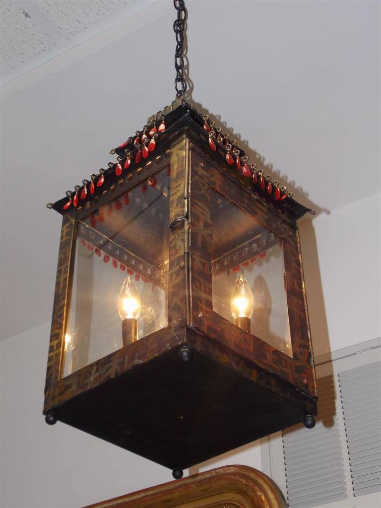 Mid-19th Century French Hand Painted Tole Pagoda Hanging Lantern, Circa 1850 For Sale